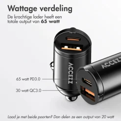 Accezz Stekkers & Kabels<Autolader - 1x USB-C & 1x USB - 65W
