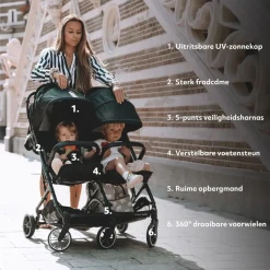 Deryan Buggy'S<Luxe Rolo X2 Dubbele Buggy - Inklapbaar Lichtbruin