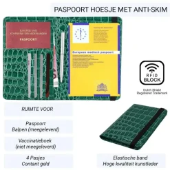 Dutch Shield Paspoorthoezen<RFID Medisch Paspoort Hoes - Anti Skim - Krokodil Groen - Zwart