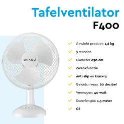 Brasq Ventilators<Tafelventilator 30 cm - 3 snelheden - 40 Watt