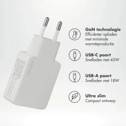 Accezz Stekkers & Kabels<Ultra Slim GaN Charger 45W - USB-A + USB-C Wit